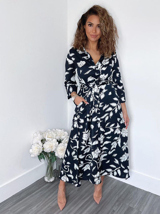 Floral Midi Shirt Dress with Cropped Long Sleeves – Casual & Lightweight