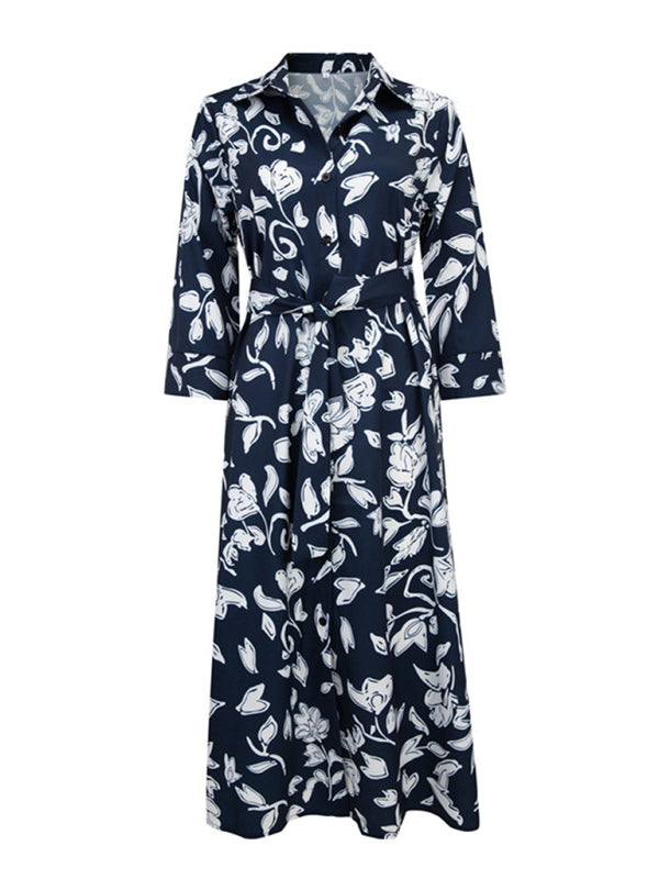Floral Midi Shirt Dress with Cropped Long Sleeves – Casual & Lightweight