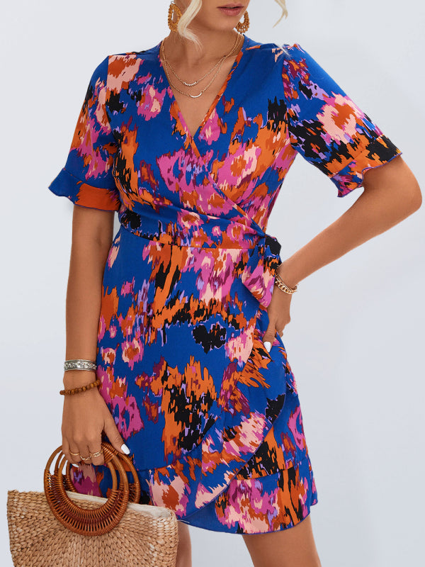 Woven V-Neck Ruffle Wrap Dress – Short Sleeve, Retro Chic Summer Style