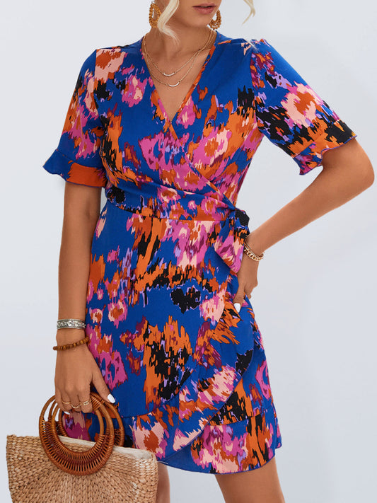 Woven V-Neck Ruffle Wrap Dress – Short Sleeve, Retro Chic Summer Style