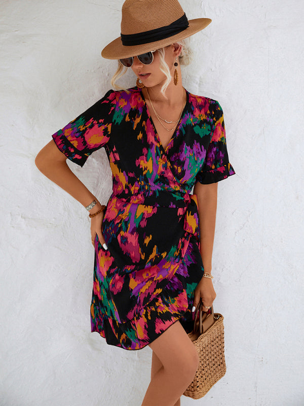 Woven V-Neck Ruffle Wrap Dress – Short Sleeve, Retro Chic Summer Style