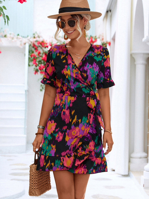 Woven V-Neck Ruffle Wrap Dress – Short Sleeve, Retro Chic Summer Style