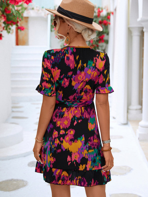 Woven V-Neck Ruffle Wrap Dress – Short Sleeve, Retro Chic Summer Style