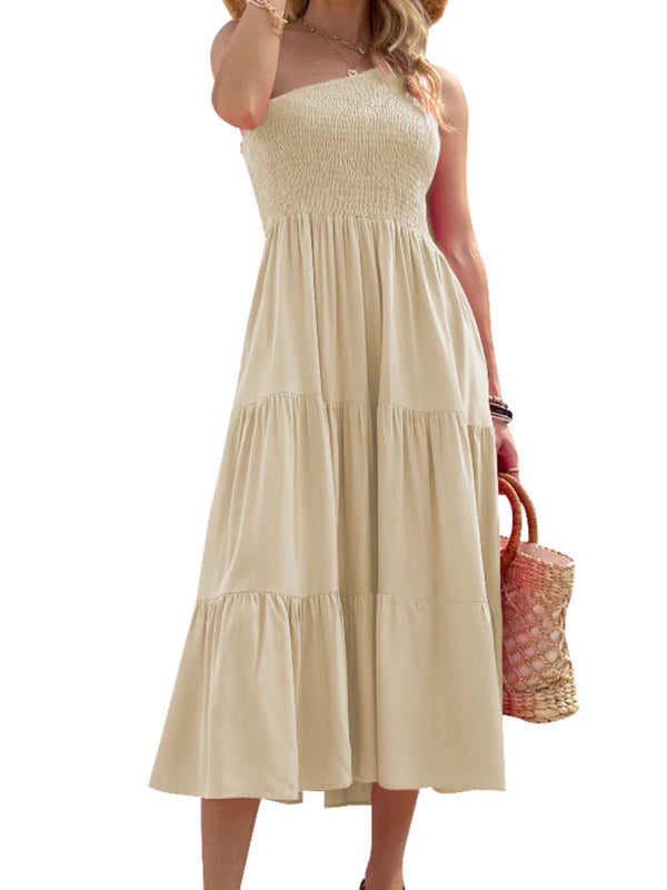 One-Shoulder Woven Midi Dress – Elegant Fit with High Waist & Asymmetrical Hem