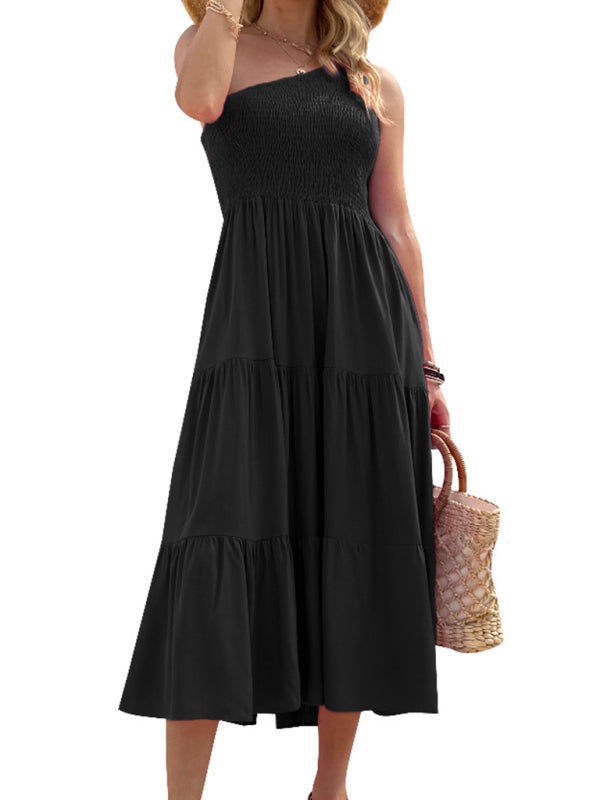 One-Shoulder Woven Midi Dress – Elegant Fit with High Waist & Asymmetrical Hem