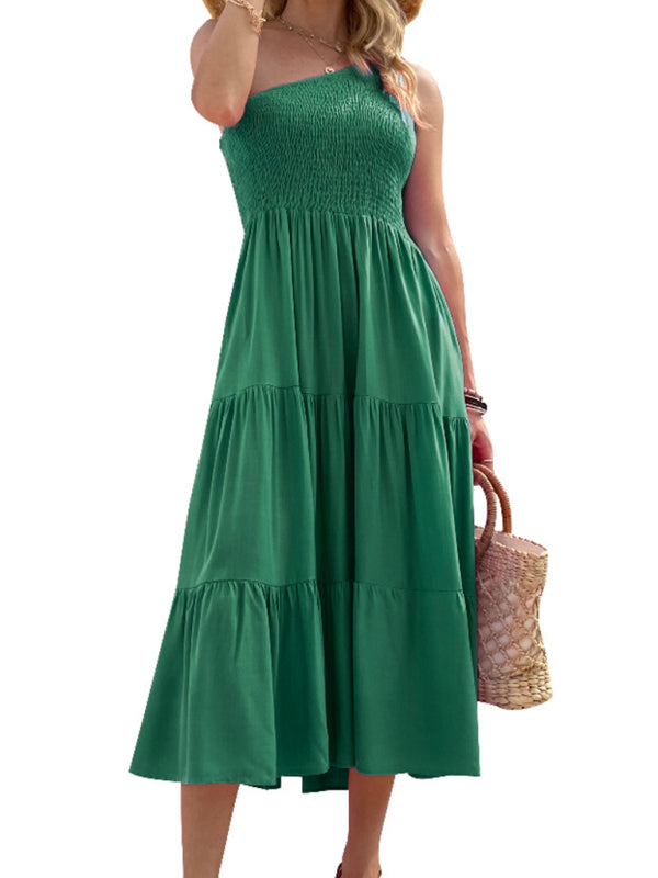 One-Shoulder Woven Midi Dress – Elegant Fit with High Waist & Asymmetrical Hem