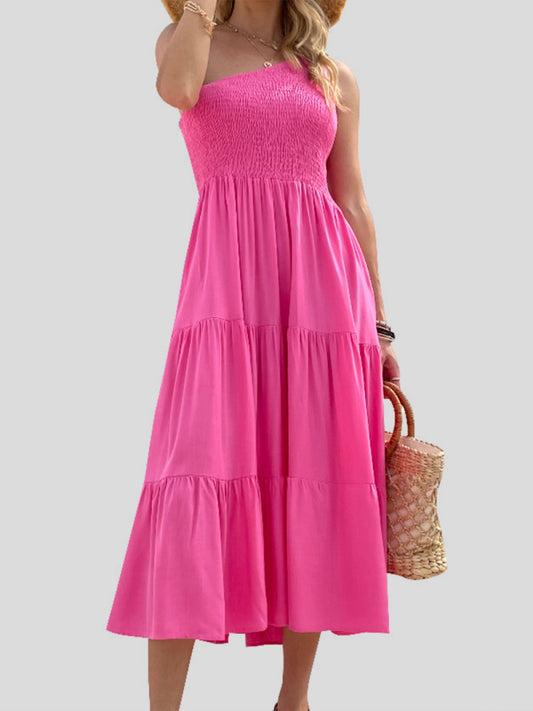 One-Shoulder Woven Midi Dress – Elegant Fit with High Waist & Asymmetrical Hem