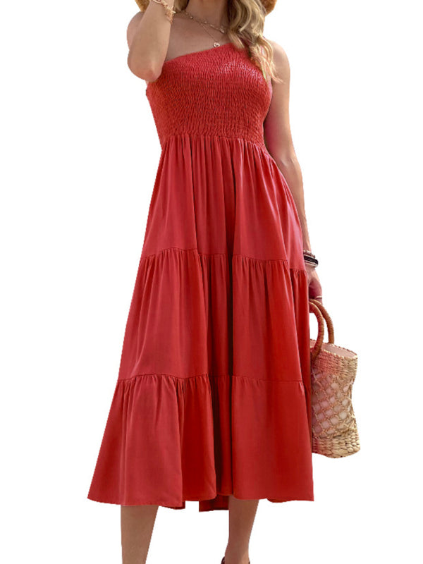 One-Shoulder Woven Midi Dress – Elegant Fit with High Waist & Asymmetrical Hem