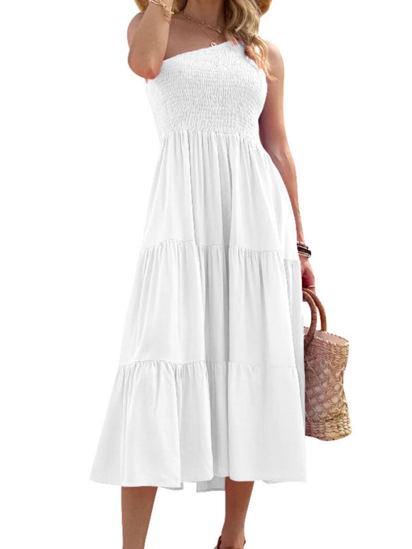 One-Shoulder Woven Midi Dress – Elegant Fit with High Waist & Asymmetrical Hem