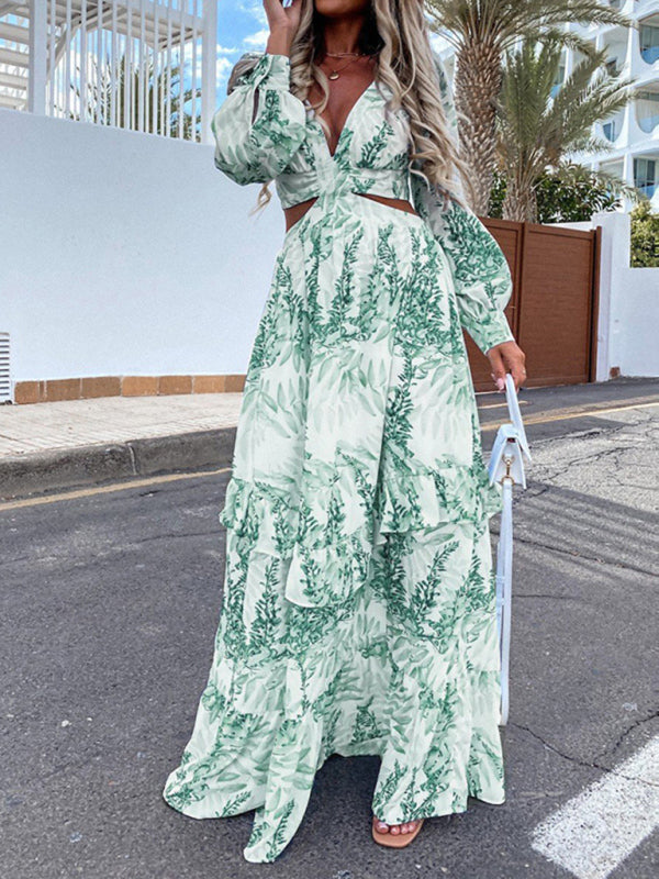 V-Neck Cutout Holiday Maxi Dress – Printed, Lightweight, Long Sleeves
