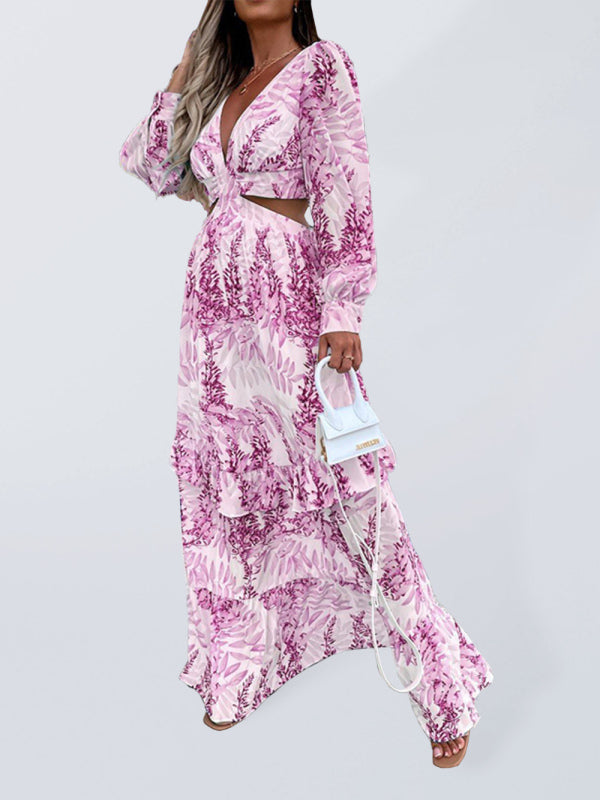 V-Neck Cutout Holiday Maxi Dress – Printed, Lightweight, Long Sleeves