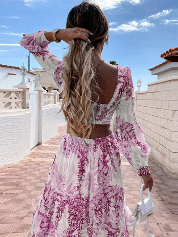 V-Neck Cutout Holiday Maxi Dress – Printed, Lightweight, Long Sleeves