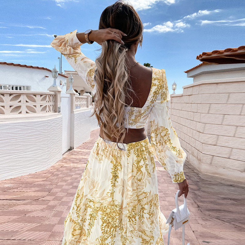 V-Neck Cutout Holiday Maxi Dress – Printed, Lightweight, Long Sleeves