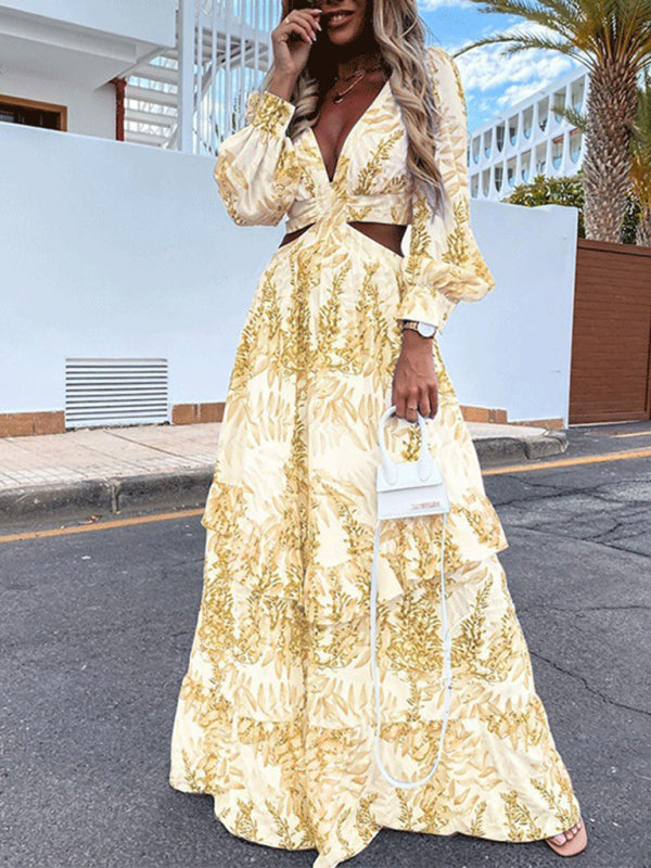 V-Neck Cutout Holiday Maxi Dress – Printed, Lightweight, Long Sleeves