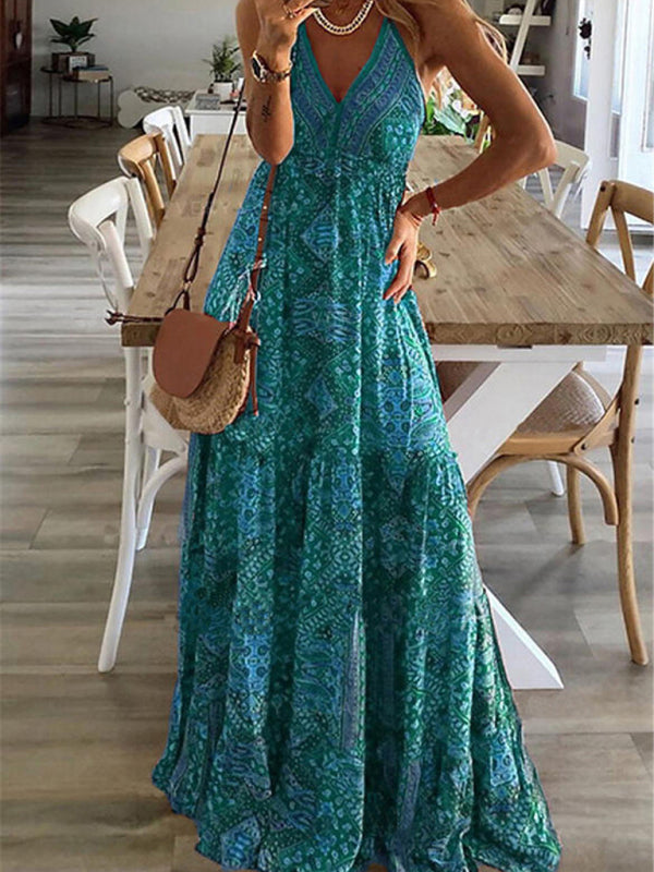 Boho Print V-Neck Sleeveless Maxi Dress