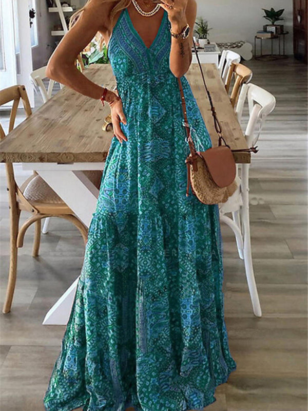 Boho Print V-Neck Sleeveless Maxi Dress