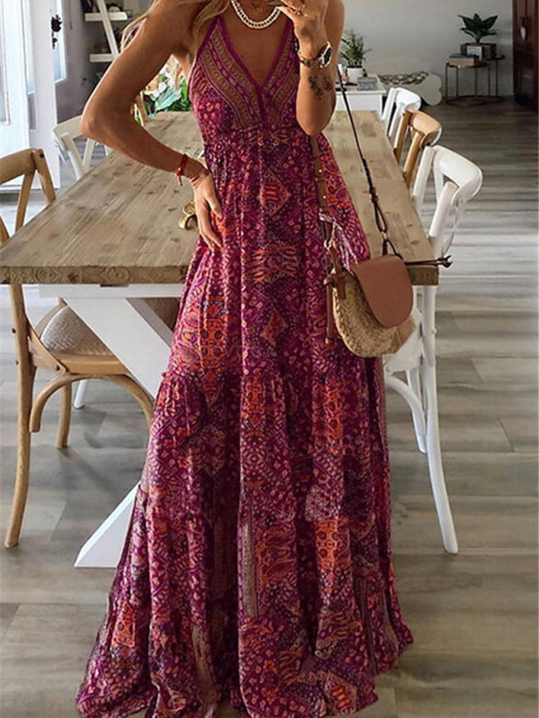 Boho Print V-Neck Sleeveless Maxi Dress