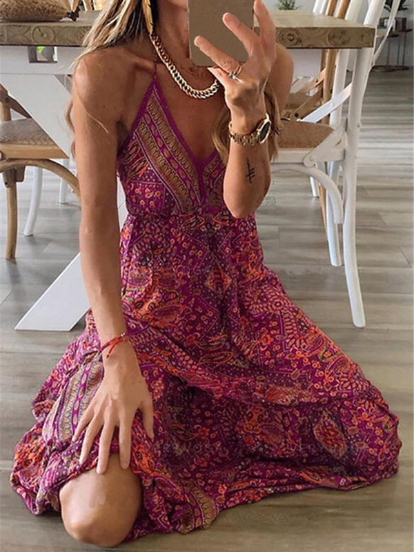 Boho Print V-Neck Sleeveless Maxi Dress