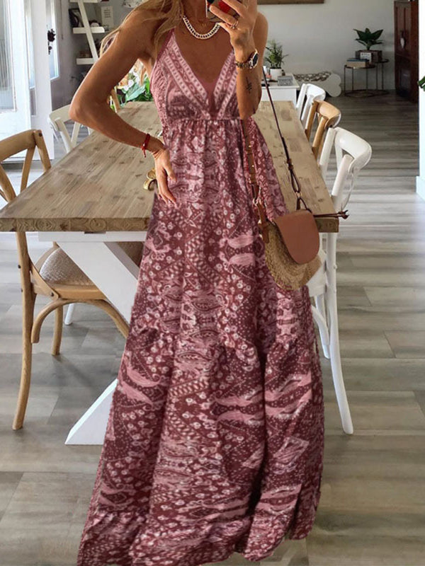 Boho Print V-Neck Sleeveless Maxi Dress