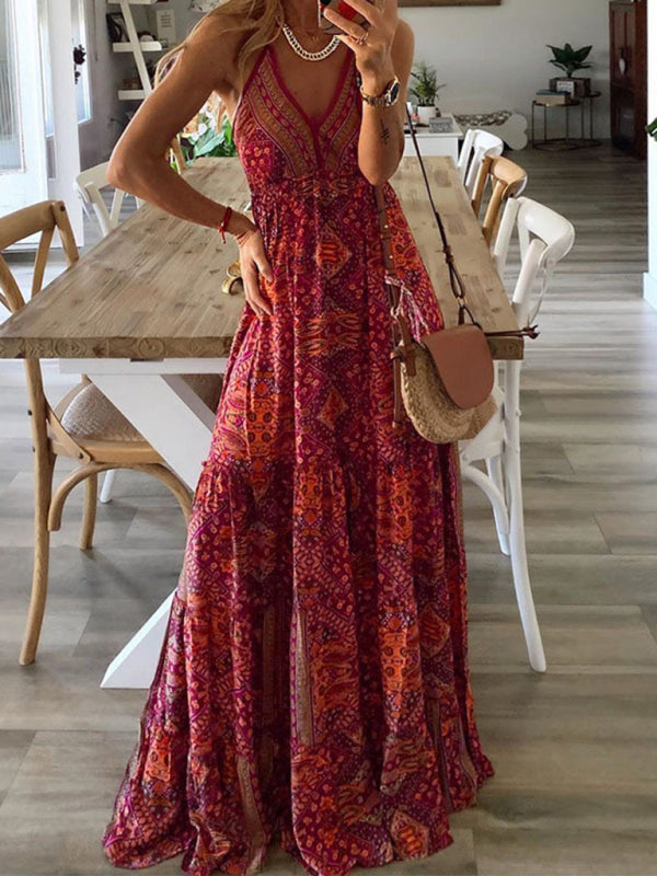 Boho Print V-Neck Sleeveless Maxi Dress