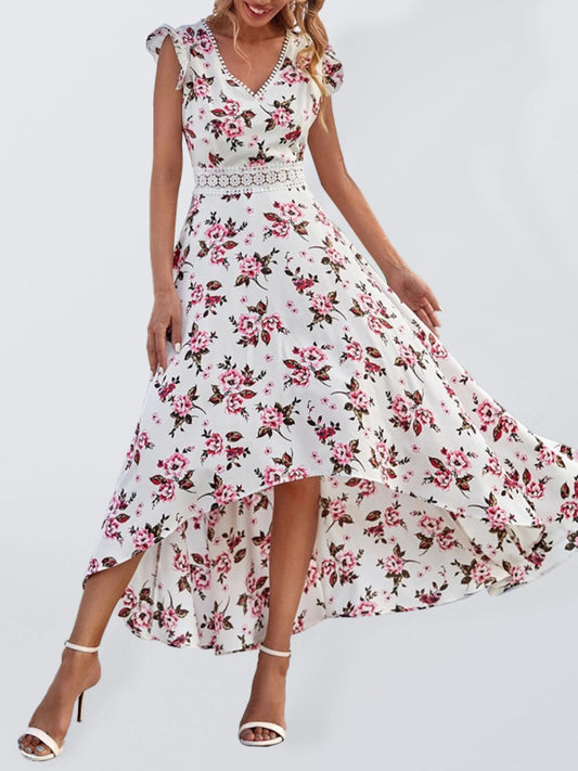 Floral Swing Skirt Dress with Lace Waist – Sleeveless, V-Neck, Lightweight