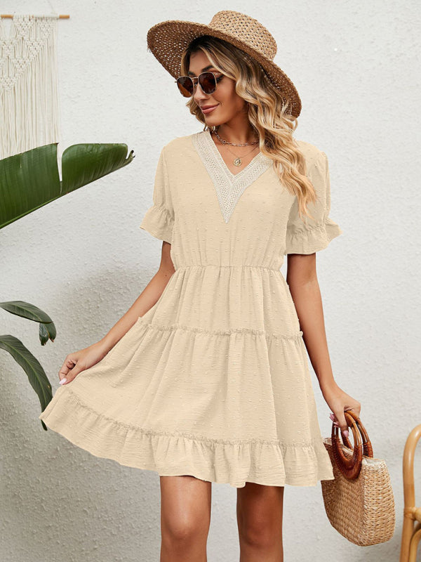 Chiffon Jacquard V-Neck Puff Sleeve Dress – Romantic High Waist Casual Fit