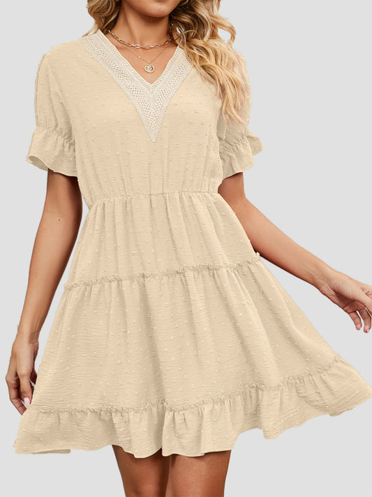 Chiffon Jacquard V-Neck Puff Sleeve Dress – Romantic High Waist Casual Fit
