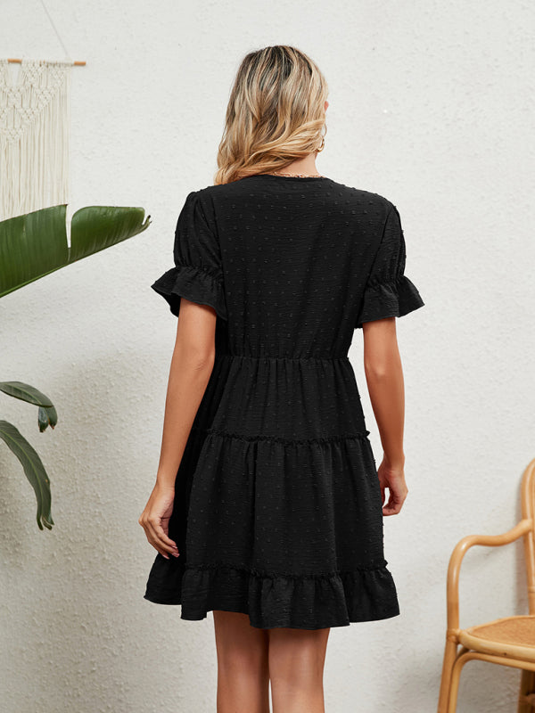 Chiffon Jacquard V-Neck Puff Sleeve Dress – Romantic High Waist Casual Fit