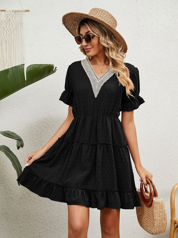 Chiffon Jacquard V-Neck Puff Sleeve Dress – Romantic High Waist Casual Fit