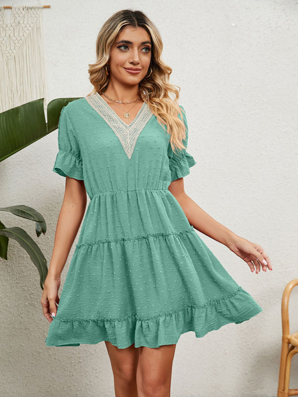 Chiffon Jacquard V-Neck Puff Sleeve Dress – Romantic High Waist Casual Fit
