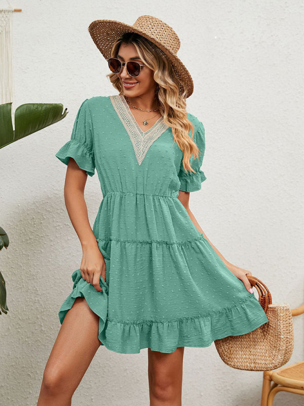 Chiffon Jacquard V-Neck Puff Sleeve Dress – Romantic High Waist Casual Fit
