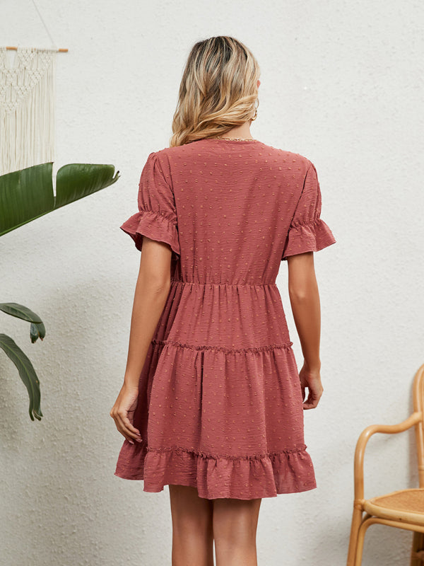 Chiffon Jacquard V-Neck Puff Sleeve Dress – Romantic High Waist Casual Fit