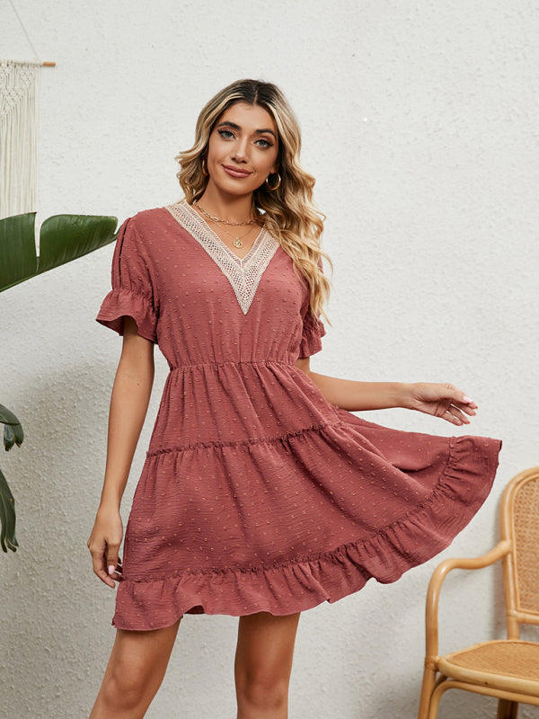 Chiffon Jacquard V-Neck Puff Sleeve Dress – Romantic High Waist Casual Fit