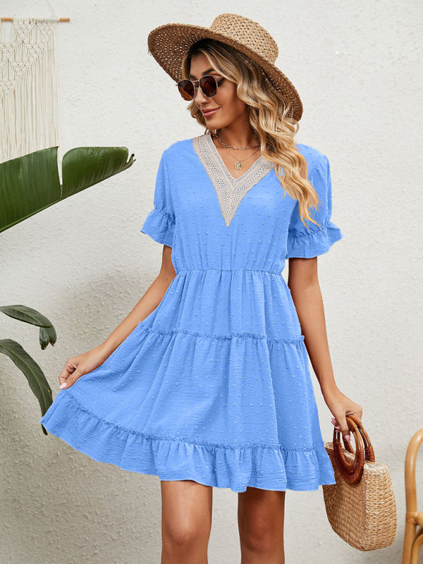 Chiffon Jacquard V-Neck Puff Sleeve Dress – Romantic High Waist Casual Fit