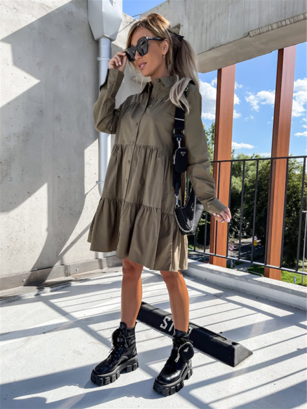 Solid Color Long Sleeve Shirt Dress – Loose Fit, Lightweight, Casual Style
