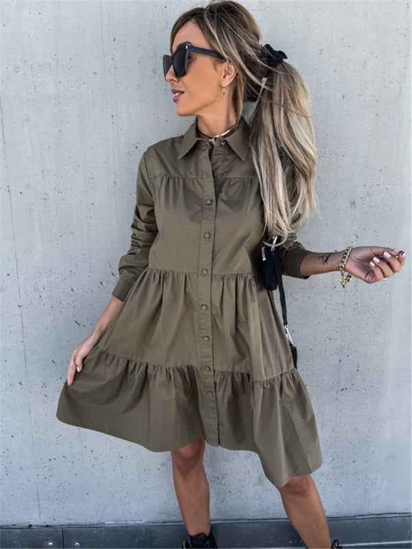 Solid Color Long Sleeve Shirt Dress – Loose Fit, Lightweight, Casual Style