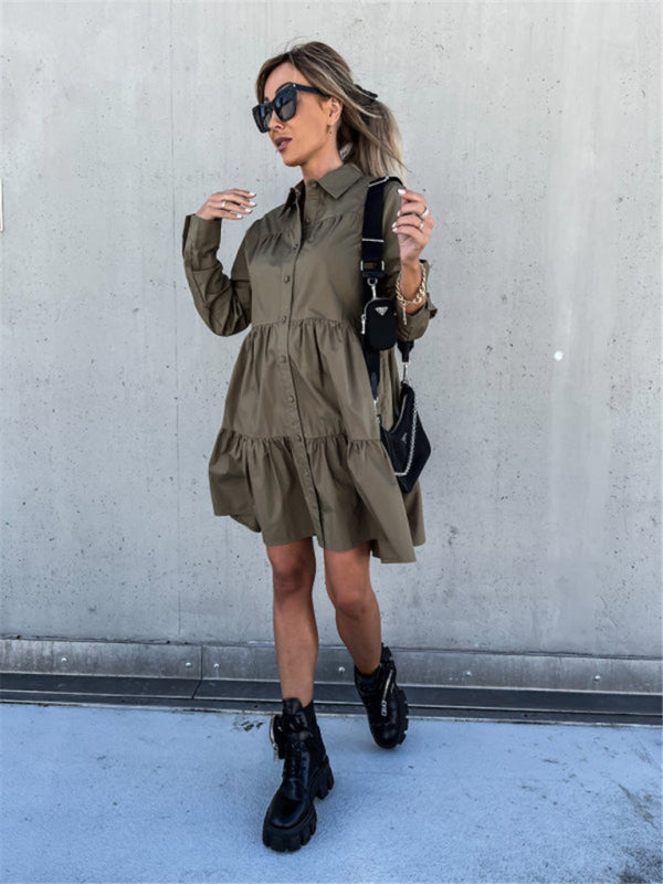 Solid Color Long Sleeve Shirt Dress – Loose Fit, Lightweight, Casual Style