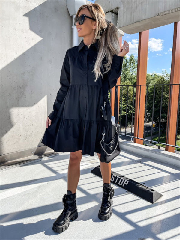 Solid Color Long Sleeve Shirt Dress – Loose Fit, Lightweight, Casual Style