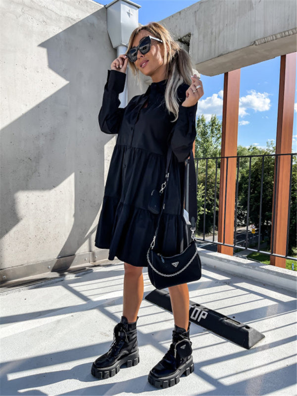 Solid Color Long Sleeve Shirt Dress – Loose Fit, Lightweight, Casual Style