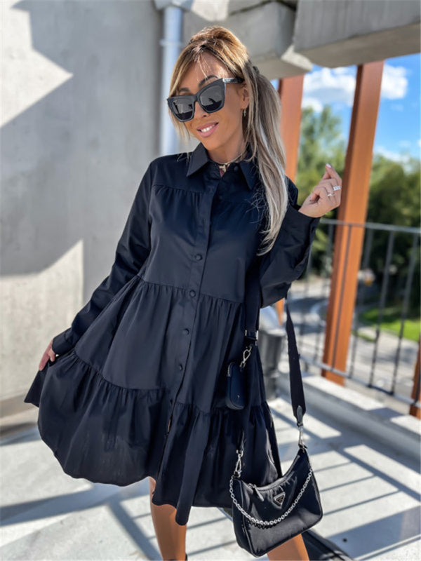 Solid Color Long Sleeve Shirt Dress – Loose Fit, Lightweight, Casual Style