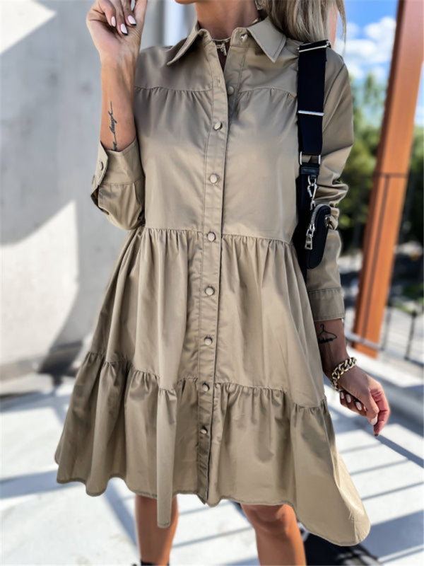 Solid Color Long Sleeve Shirt Dress – Loose Fit, Lightweight, Casual Style