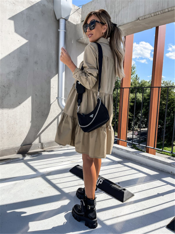 Solid Color Long Sleeve Shirt Dress – Loose Fit, Lightweight, Casual Style