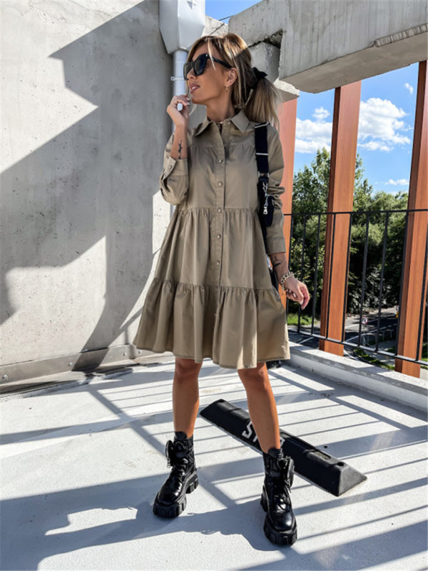 Solid Color Long Sleeve Shirt Dress – Loose Fit, Lightweight, Casual Style