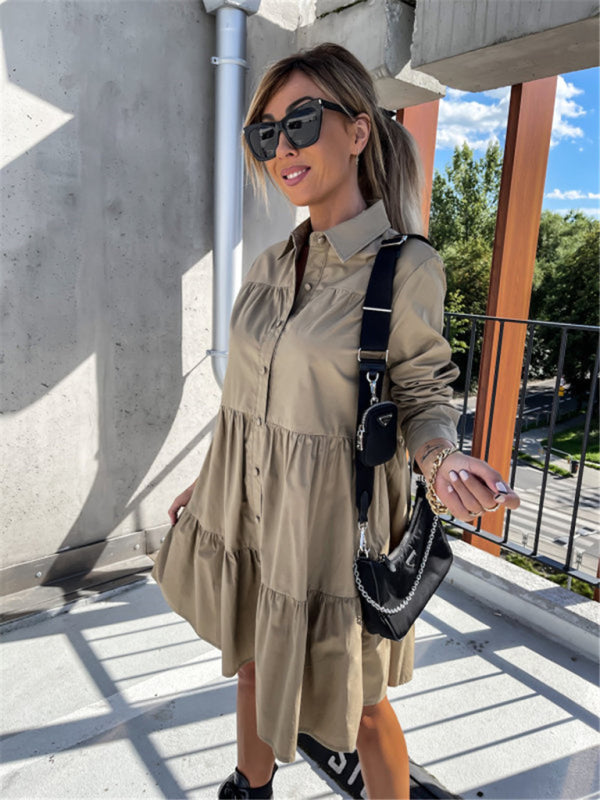 Solid Color Long Sleeve Shirt Dress – Loose Fit, Lightweight, Casual Style