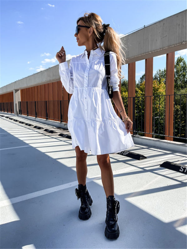 Solid Color Long Sleeve Shirt Dress – Loose Fit, Lightweight, Casual Style