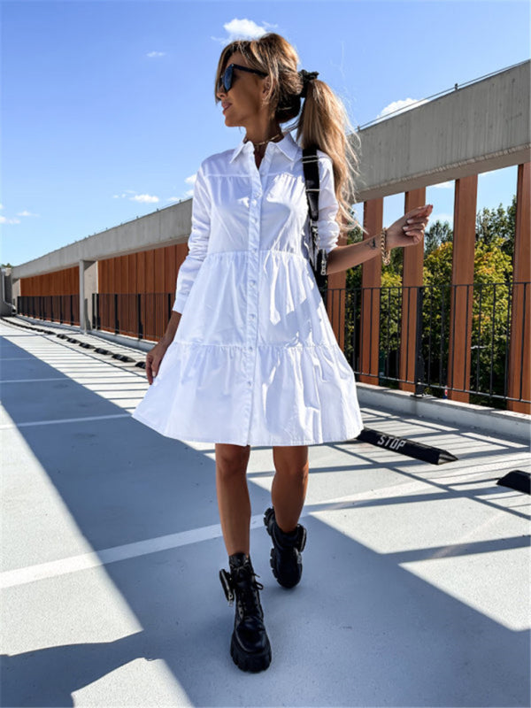 Solid Color Long Sleeve Shirt Dress – Loose Fit, Lightweight, Casual Style