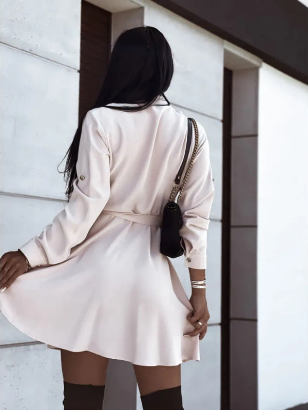 Lapel Button Tie Shirt Dress – Long Sleeve Casual Midi for Women
