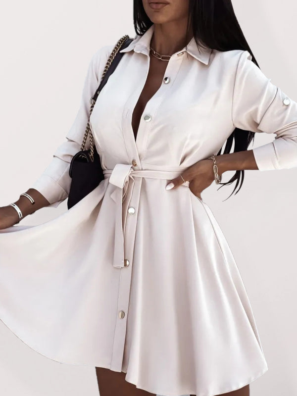 Lapel Button Tie Shirt Dress – Long Sleeve Casual Midi for Women