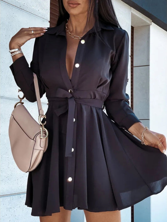 Lapel Button Tie Shirt Dress – Long Sleeve Casual Midi for Women