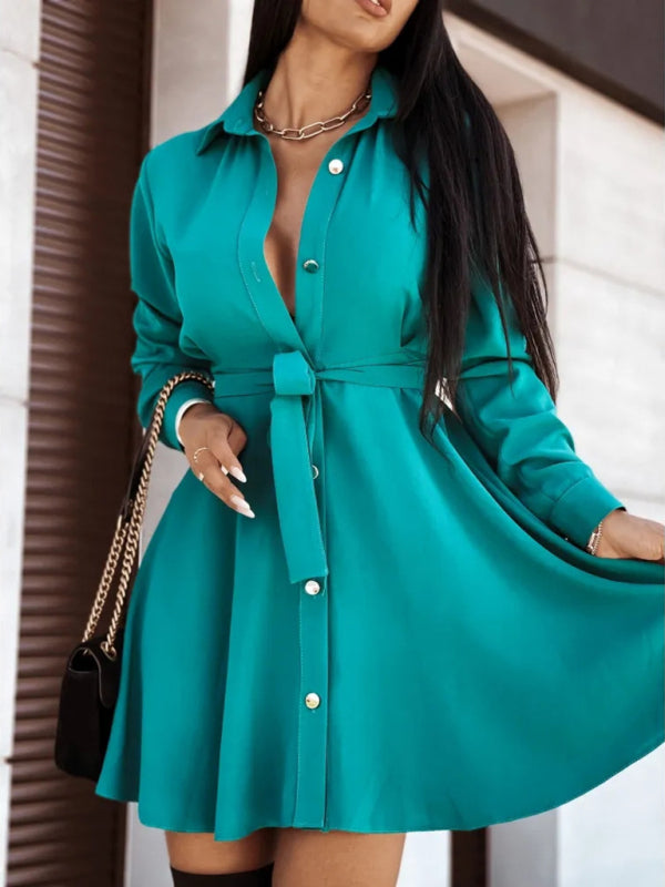 Lapel Button Tie Shirt Dress – Long Sleeve Casual Midi for Women